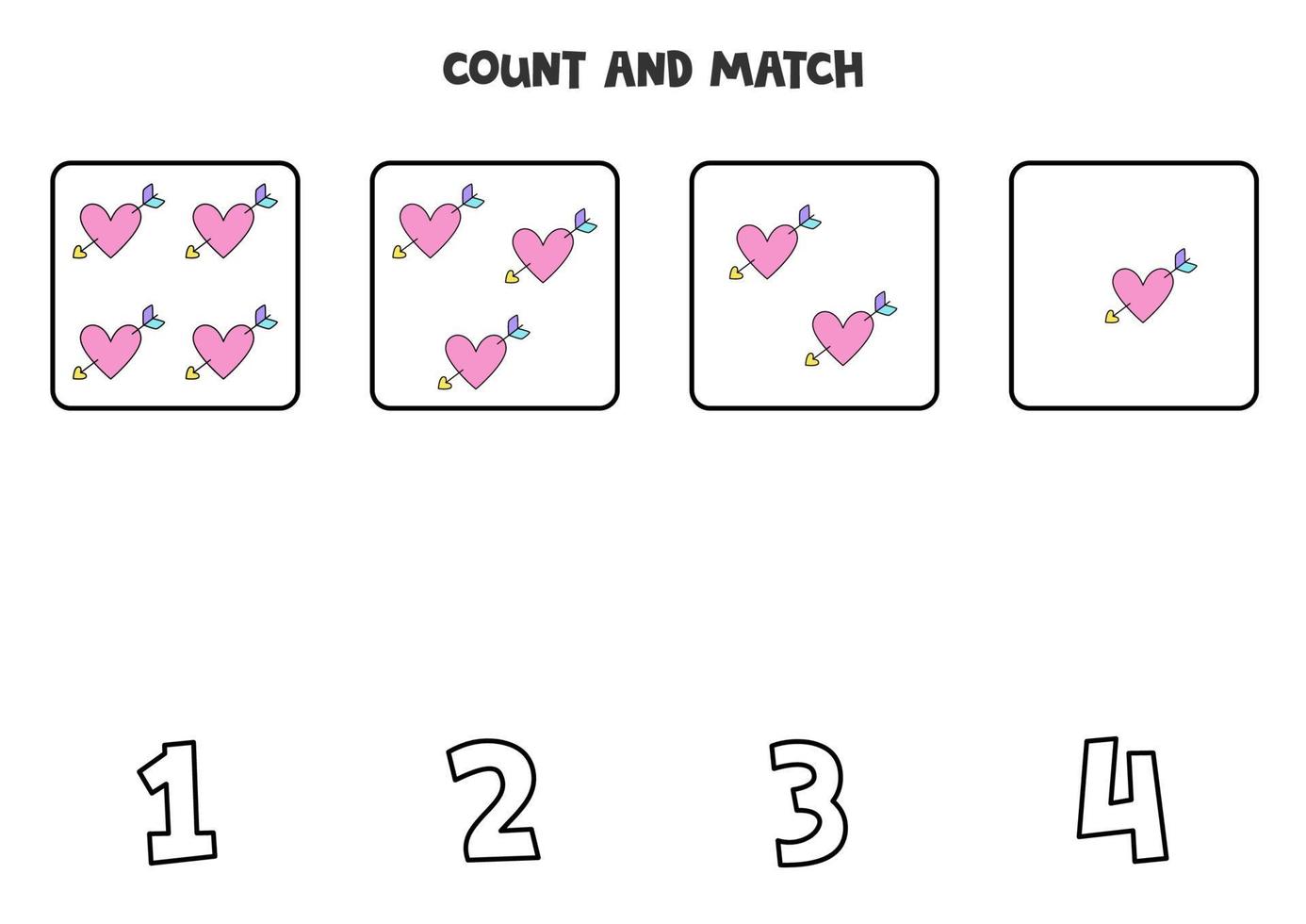 Counting game with cute pink hearts. Math worksheet. vector