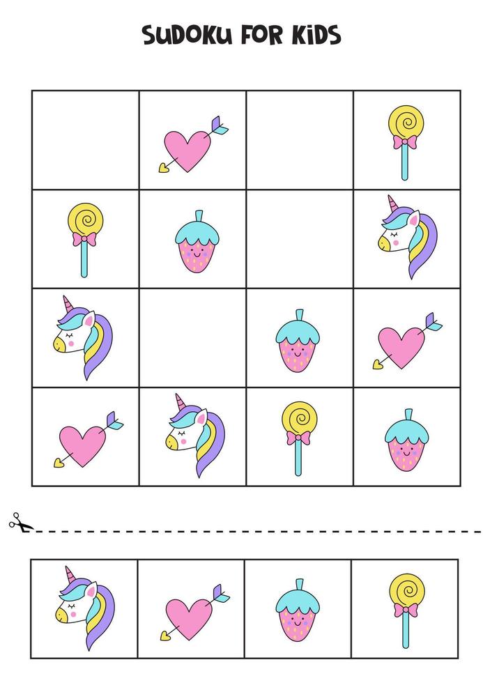 juego de sudoku con elementos de unicornio para niñas. vector