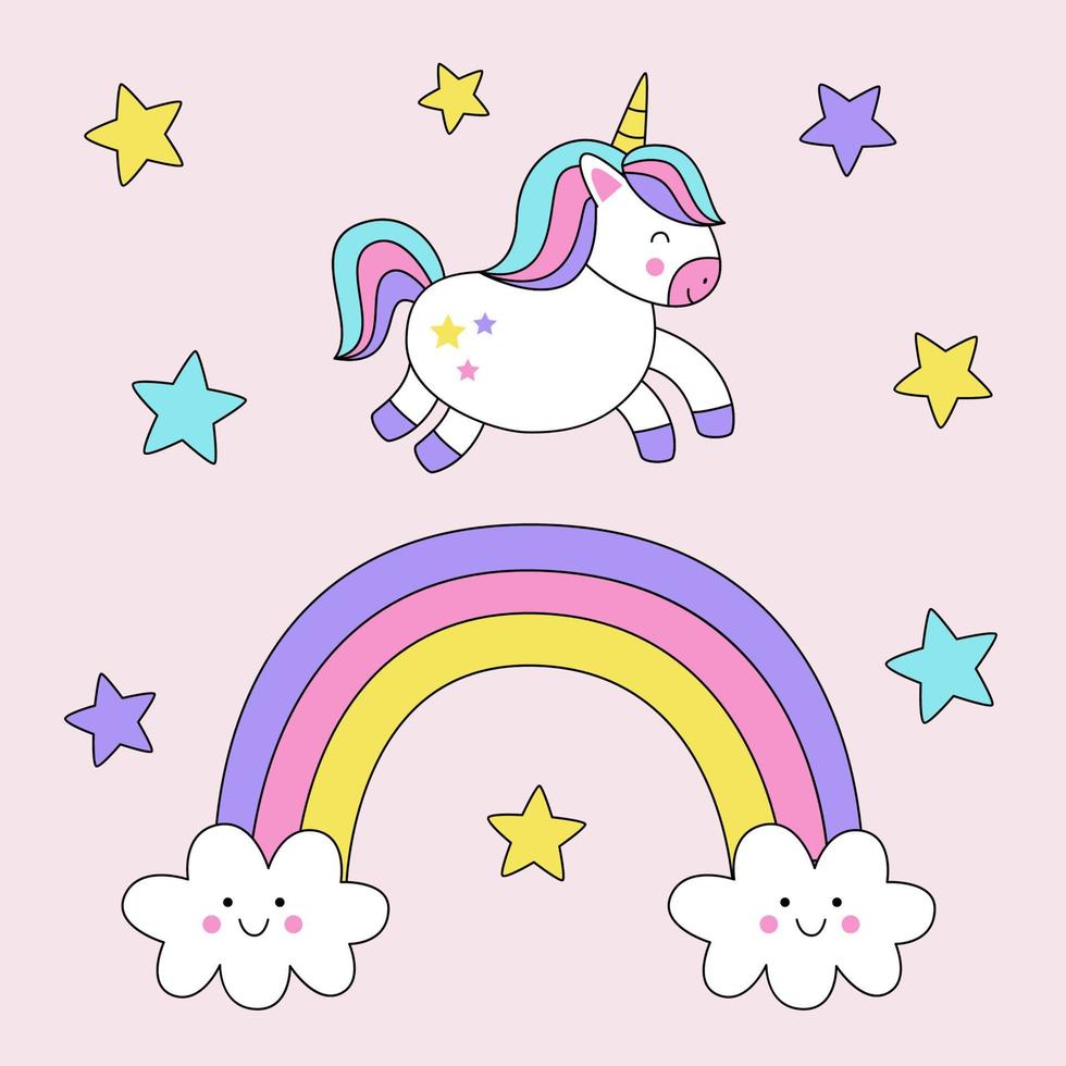 Cute cartoon unicorn card with rainbow and stars. vector