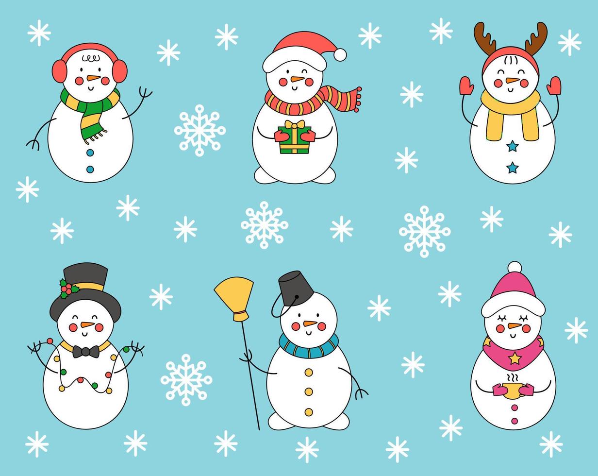 Collection of cute Christmas snowmen on blue background. vector