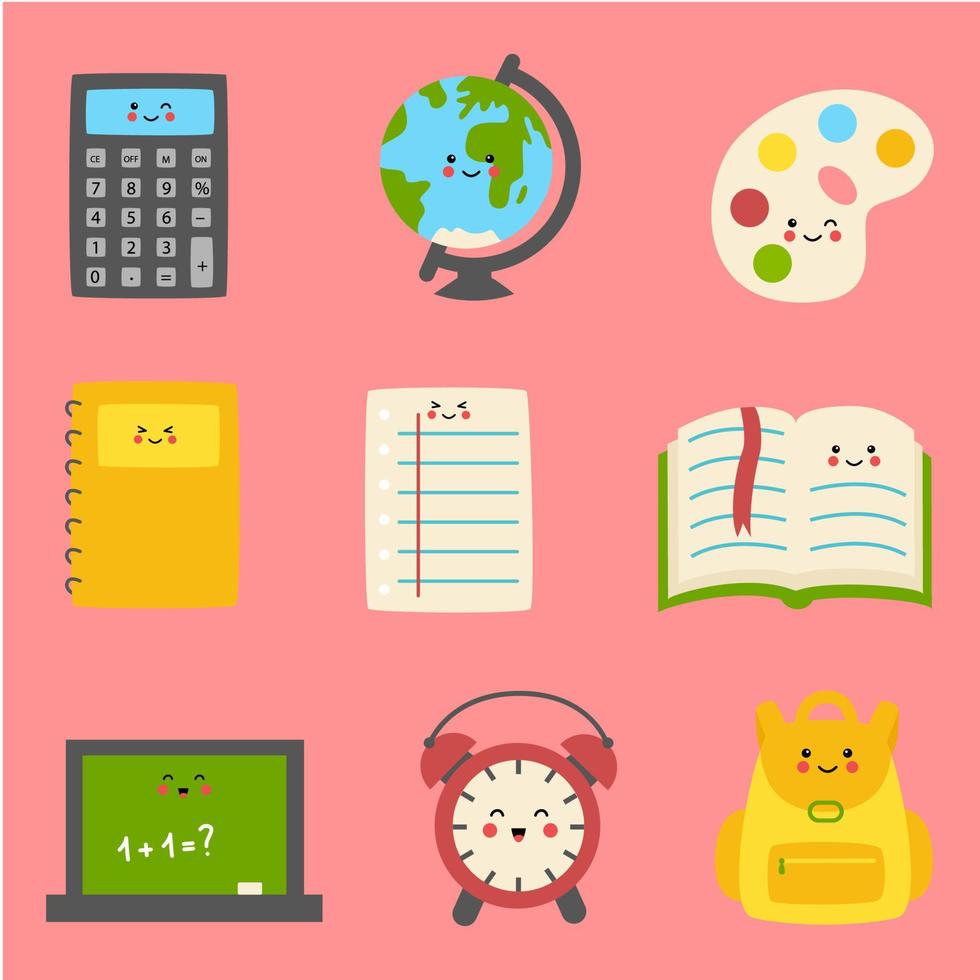 Set of cute colorful kawaii school supplies. vector