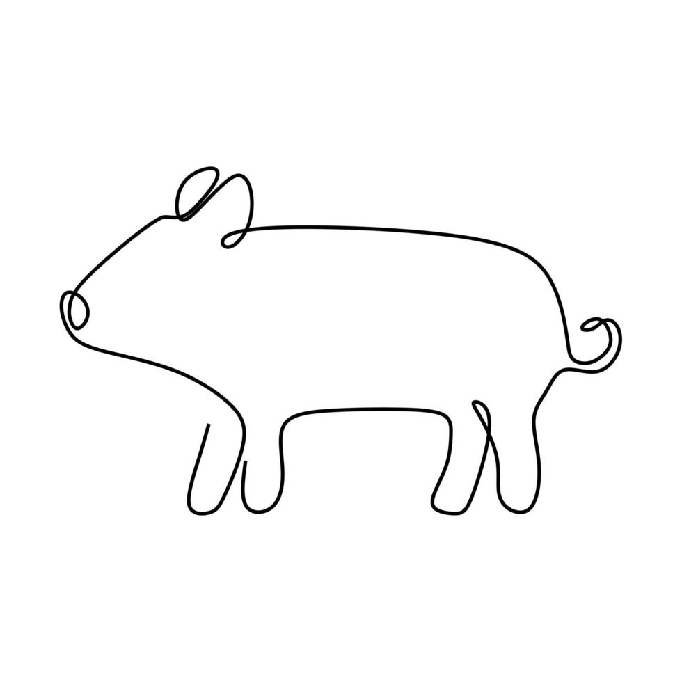 One line drawing of pig vector minimal line art. Cute piglet animal mascot concept for kids toy shop icon. Full length one line animation illustration.