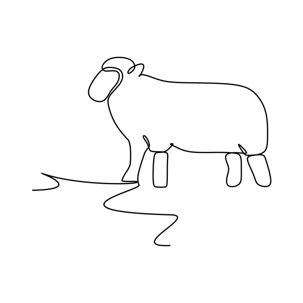 One continuous line drawing of funny cute sheep for livestock logo identity. Lamb emblem mascot concept for cattle icon. Trendy single line draw design vector graphic illustration