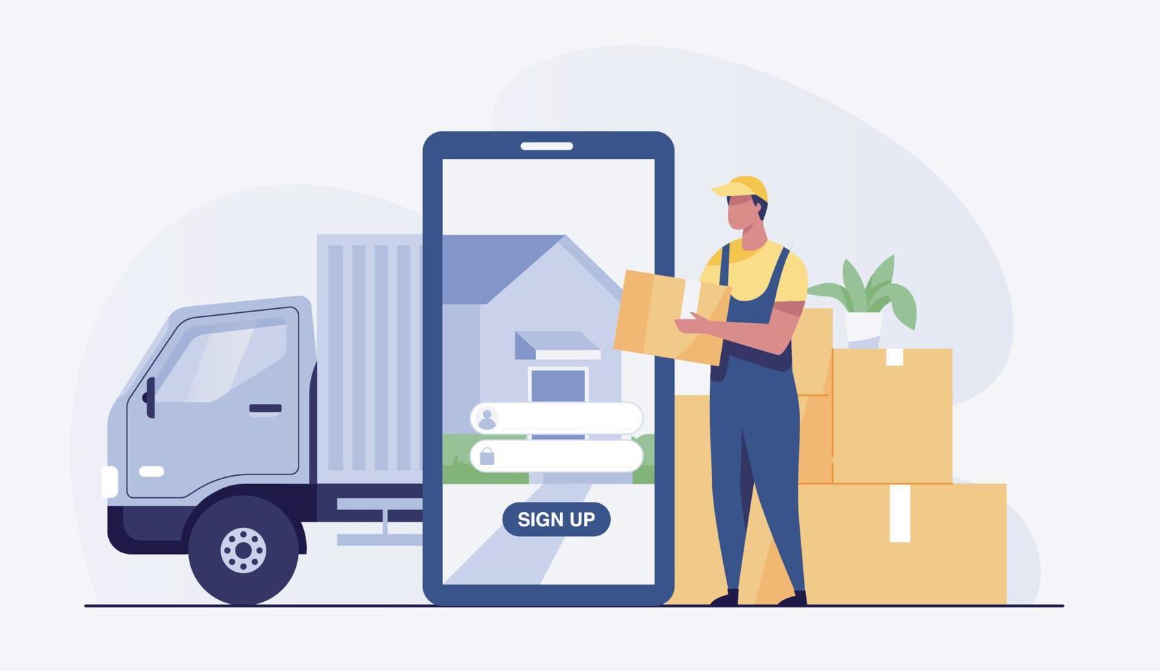 Warehouse man worker with forklift. vector illustration