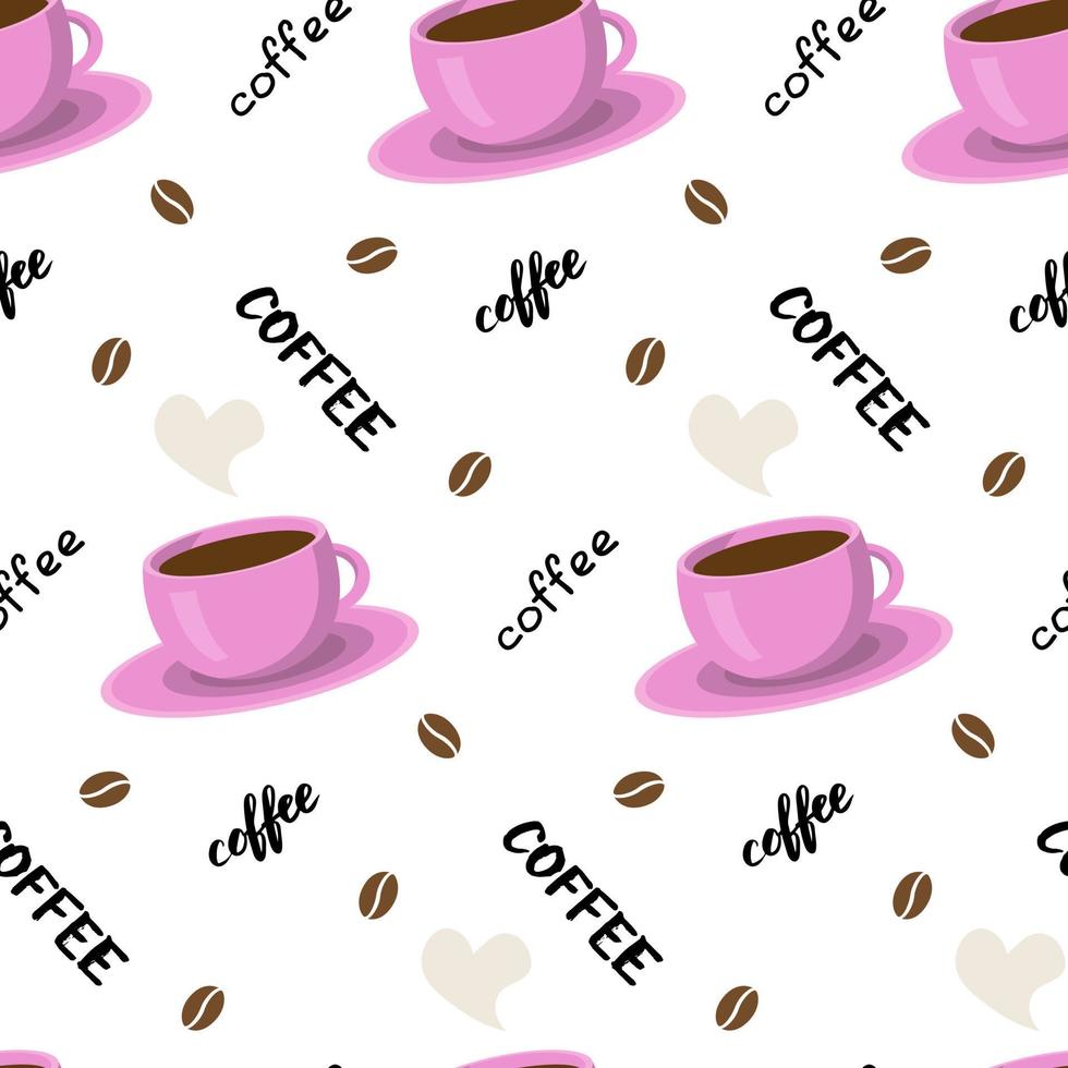 Vector seamless pattern with coffee cup, lettering and beans. Beautiful print in pastel tones. Background for textile, clothes, coffee shops, cafe and decor. Cute illustration