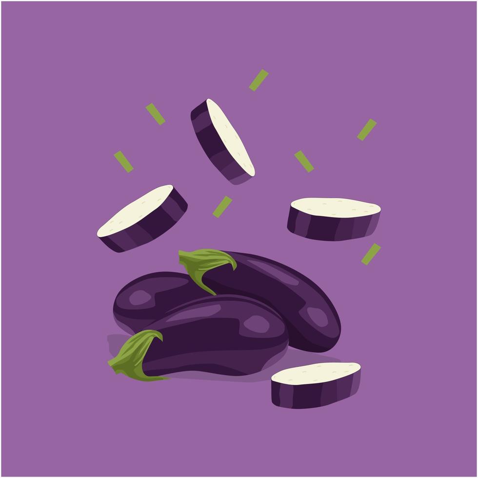 vector de caída de berenjena de verduras frescas en fondo violeta