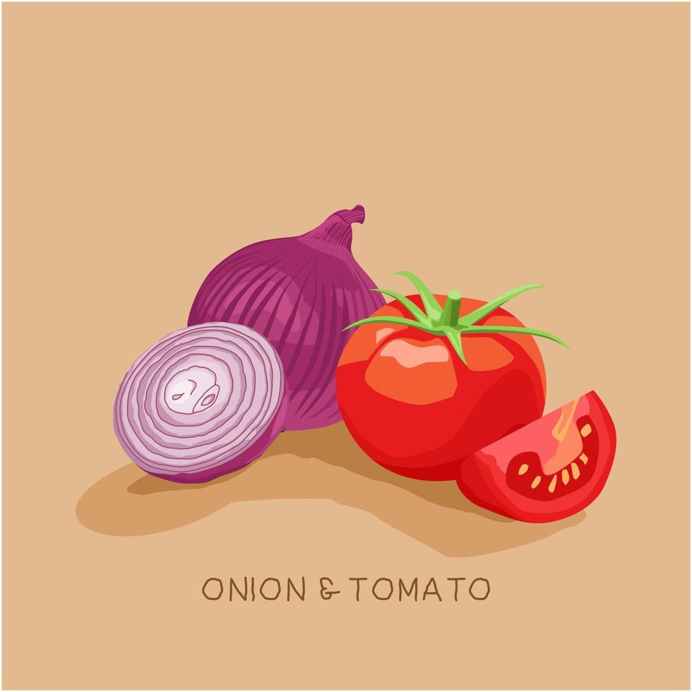 Fresh vegetables Onion and Tomato isolated vector illustration