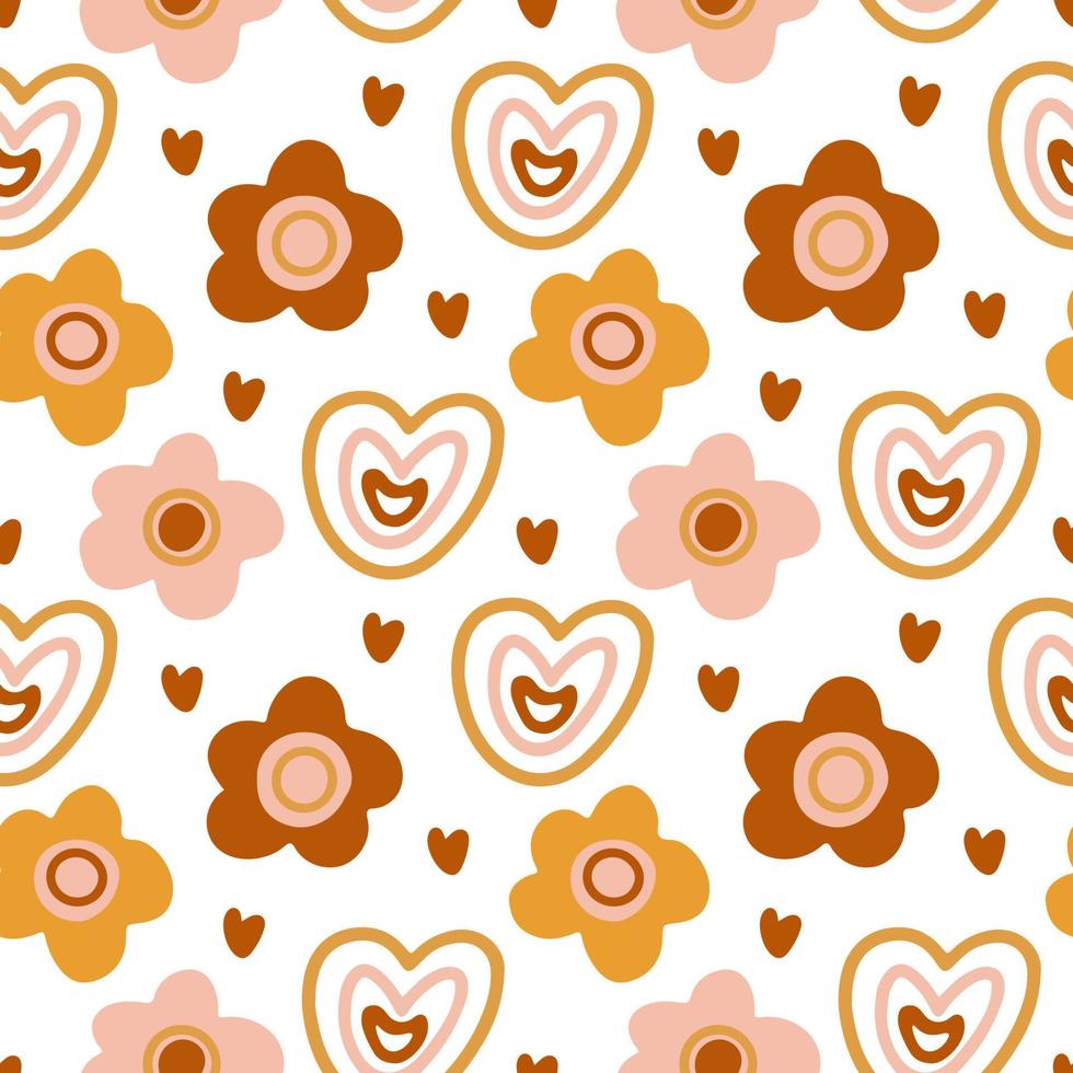 Seamless pattern with boho style hearts and flowers on white. Perfect decoration for kids playroom and bedroom, wallpapers, fabrics. Muted trendy colors. Wrapping papers, covers, textile. vector