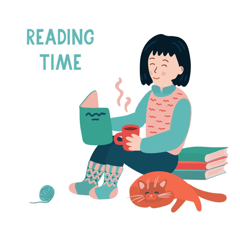 Reading time lettering and illustration with girl and book vector