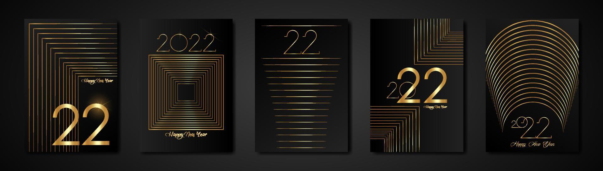 set cards 2022 Happy New Year foil texture, golden luxury black modern background, gold elements for calendar and greetings card or Christmas themed winter holiday invitations, geometric decorations vector