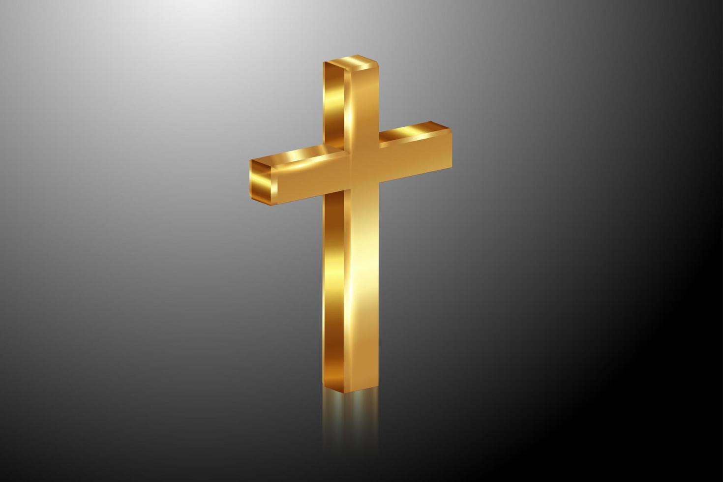 3d gold cross of light, shiny Cross with golden foil texture, symbol of christianity. Symbol of hope and faith. Vector illustration isolated on black gradient background