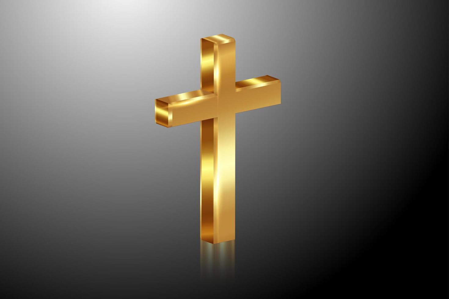 Cruz de oro 3d de luz, cruz brillante con textura de lámina dorada, símbolo del cristianismo. símbolo de esperanza y fe. Ilustración de vector aislado sobre fondo degradado negro