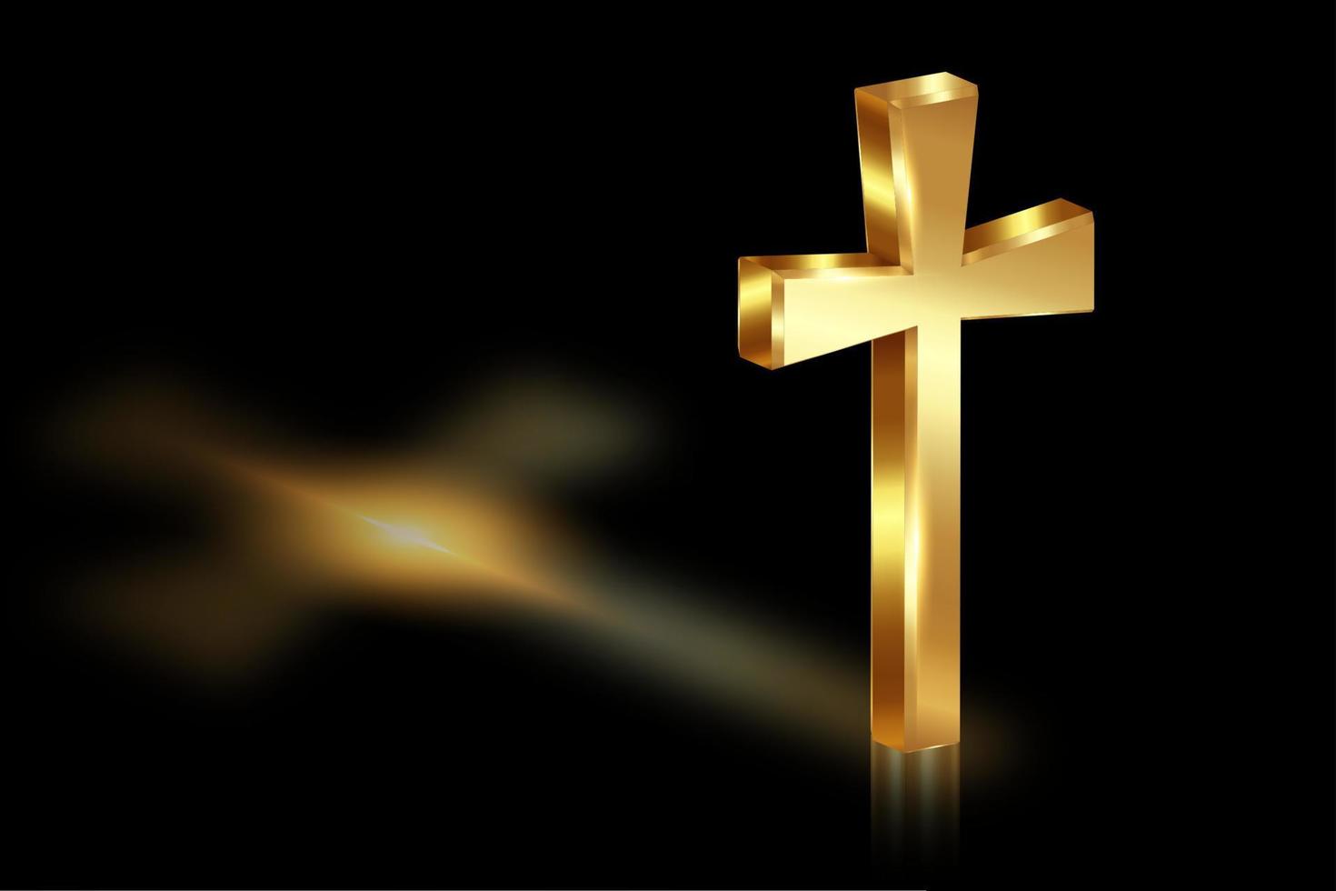 Cruz de oro 3d de luz, cruz brillante con textura de lámina dorada, símbolo del cristianismo. símbolo de esperanza y fe. ilustración vectorial aislado sobre fondo negro vector