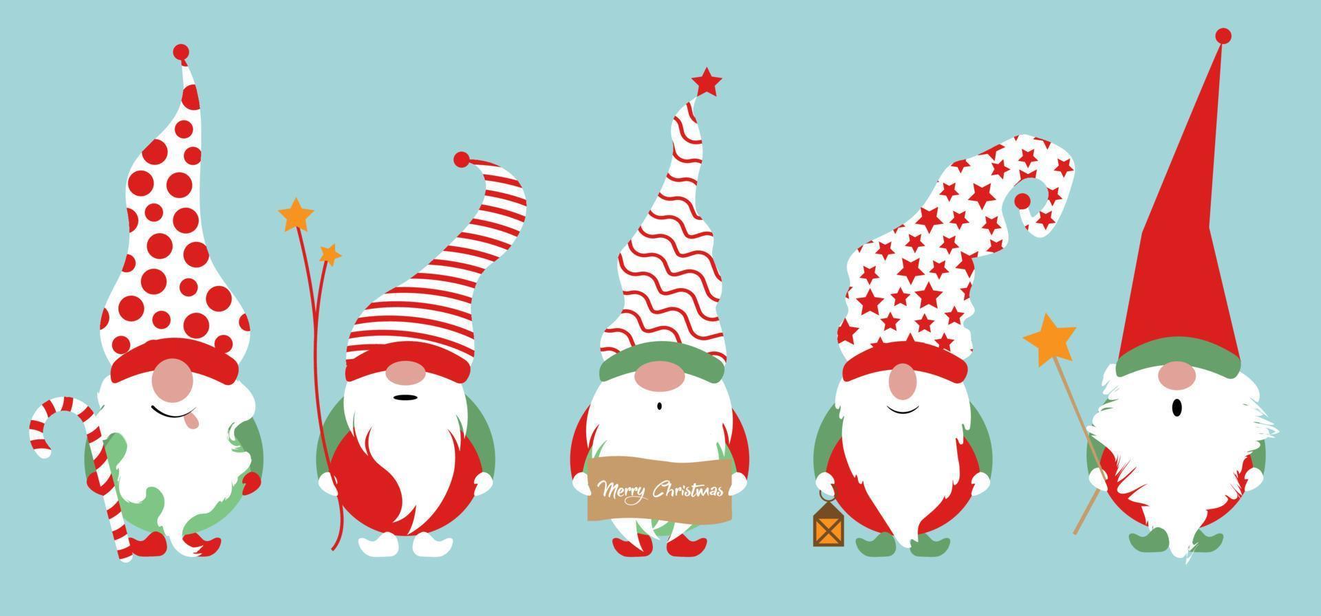 Set of Christmas Gnome, Scandinavian Nordic Gnome, Cute Christmas Santa Gnome Elf. Vector Illustration isolated on blue background. Xmas elements for design, invitations and greeting cards