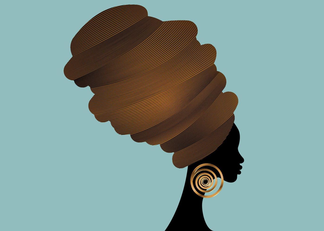 portrait beautiful African woman in traditional turban handmade tribal African Kente head wrap with ethnic gold earrings, black women Afro curly hair, vector silhouette isolated on blue background