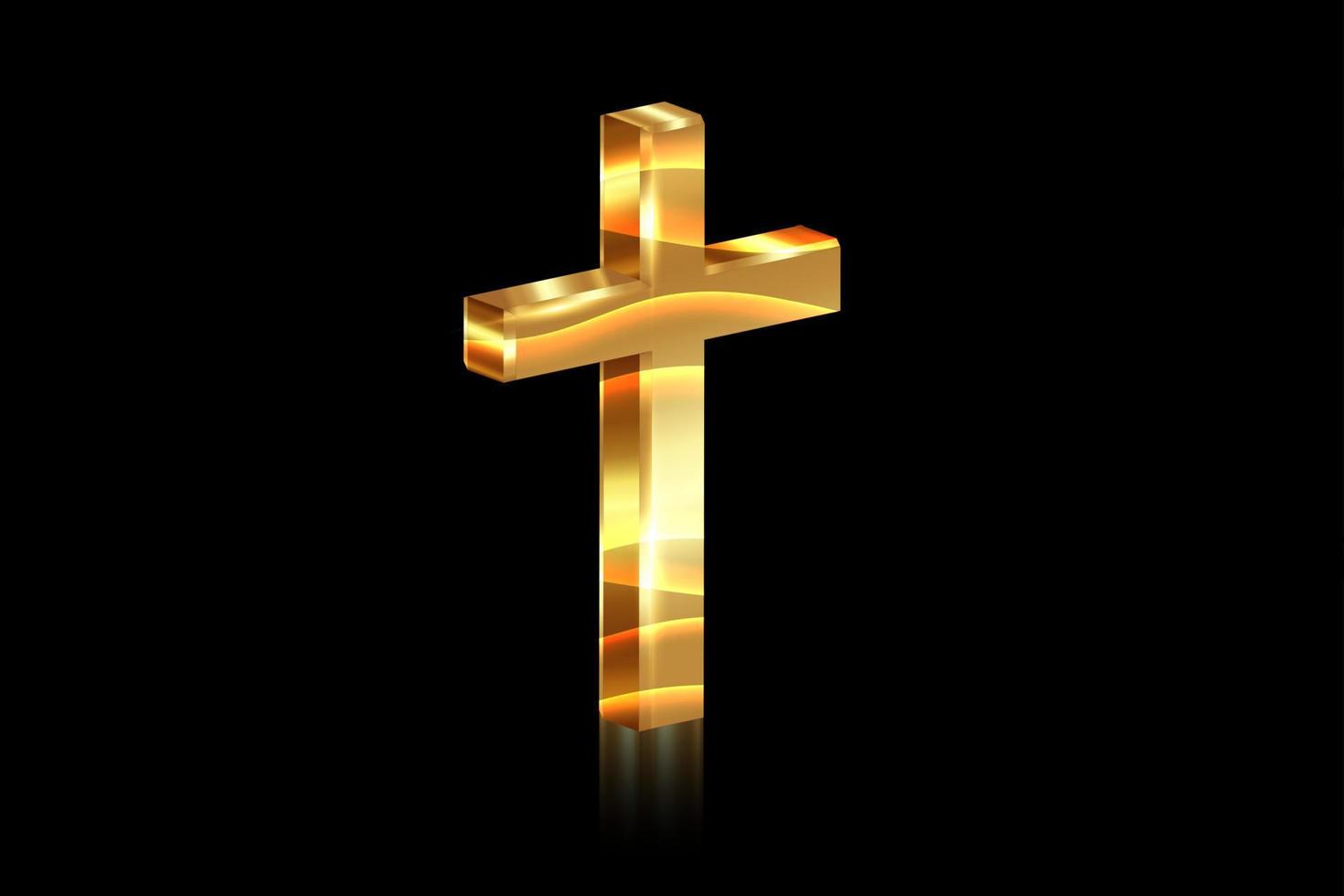 3d gold glossy cross of light, shiny Cross with golden foil texture, symbol of christianity. Symbol of hope and faith. Vector illustration isolated on black  background