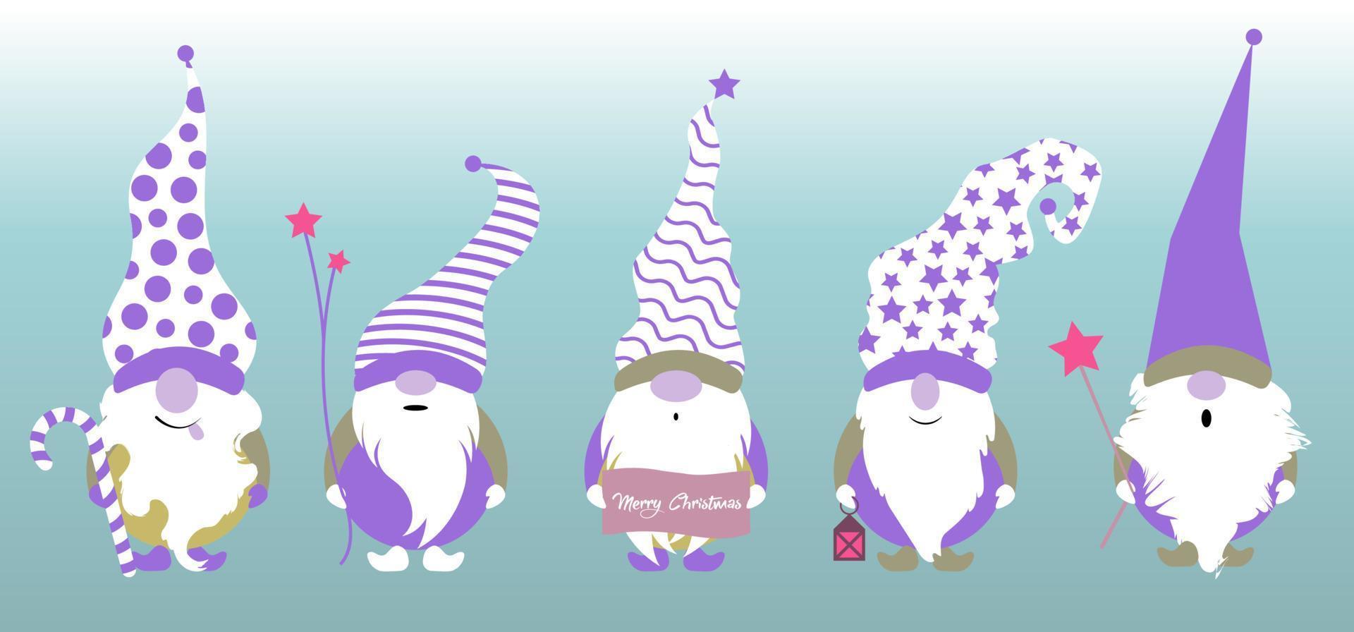 Set of Christmas Gnome, Scandinavian Nordic Gnome, Cute Christmas Santa Gnome Elf. Vector Illustration isolated on blue background. Xmas elements for design, invitations and greeting cards