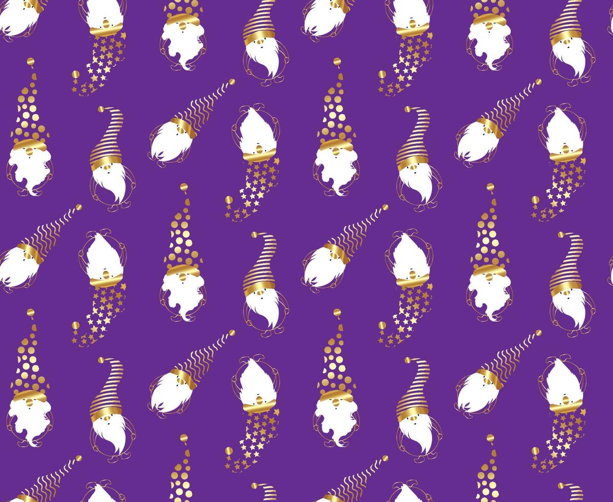Seamless print set of gold Christmas Gnome, Scandinavian Nordic Gnome, Cute Christmas Santa Gnome Elf. Vector Illustration isolated on purple background. Golden luxury Xmas elements for paper design