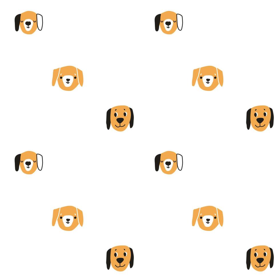 Cute hand drawn dogs or puppies heads pattern on white background. Vector illustration of funny animals for kids textile, apparel, childish clothes in yellow, black, white colors