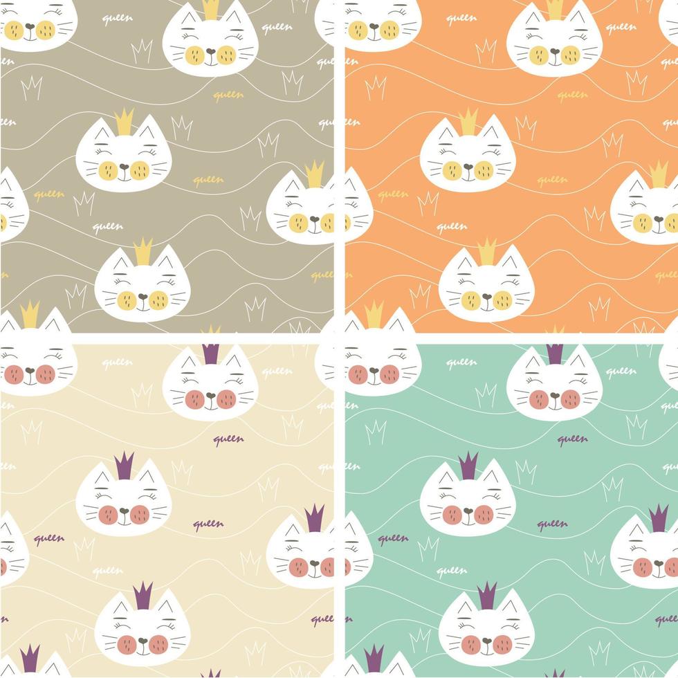 Patterns with cats, different colours. Vector illustration. Good for childish clothes, surface design.