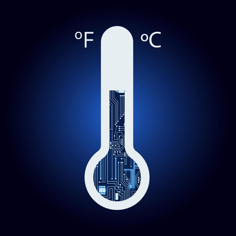 termómetro con circuito electrónico. fondo azul y degradado. termómetro que indica las escalas celsius y fahrenheit. instrumento de medida tecnológico. vector