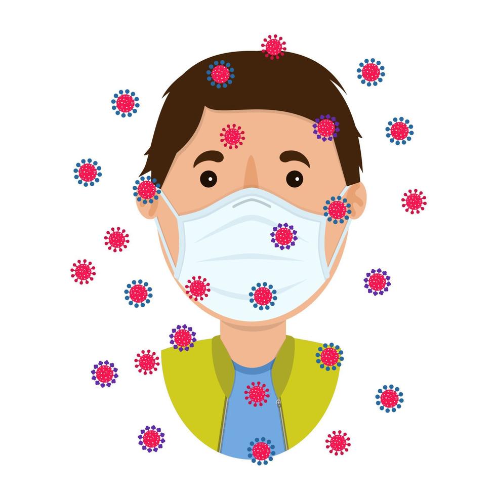 hombre blanco con mascarilla quirúrgica blanca para protegerse del aire contaminado por variantes del virus. Fondo blanco. aislado. vector