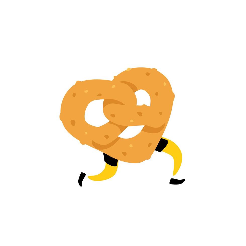 Ilustración de un bagel corriente. corriendo pretzels. vector. Carácter crujiente con patas. icono del sitio. cartel, logo de la tienda. entrega de productos de panadería frescos. vector