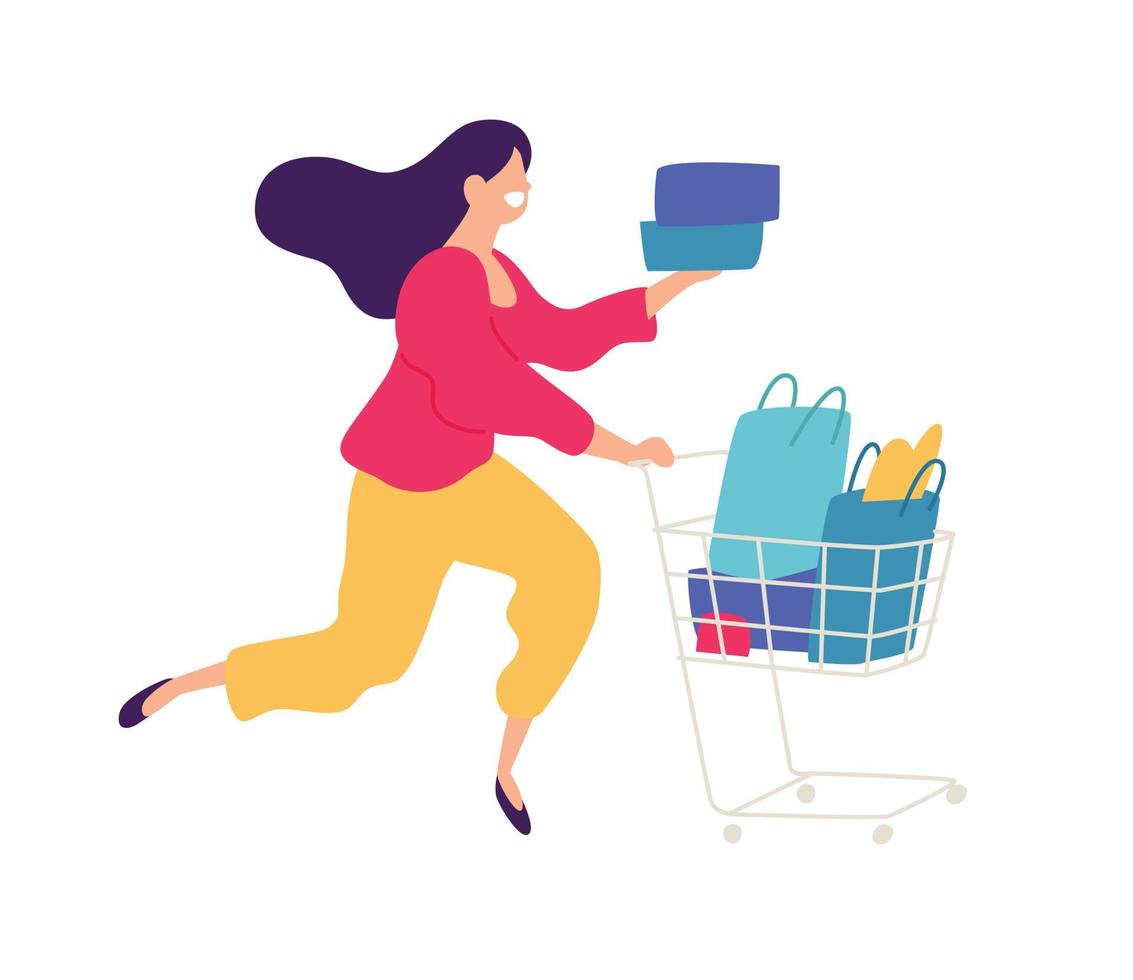 Ilustración de una niña con compras. vector. Ilustración plana positiva en estilo de dibujos animados. descuentos y rebajas. compras adictas a las compras. Ventas en línea. comprador de bienes. vector