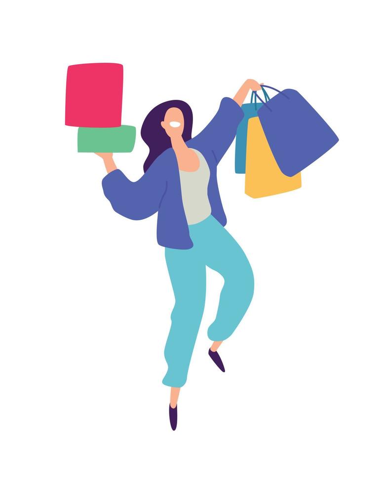 Illustration of a girl with shopping. Vector. Positive flat illustration in  cartoon style. Discounts and sales. Shopaholic shopping. Online sales.  Purchaser of goods. 4786655 Vector Art at Vecteezy
