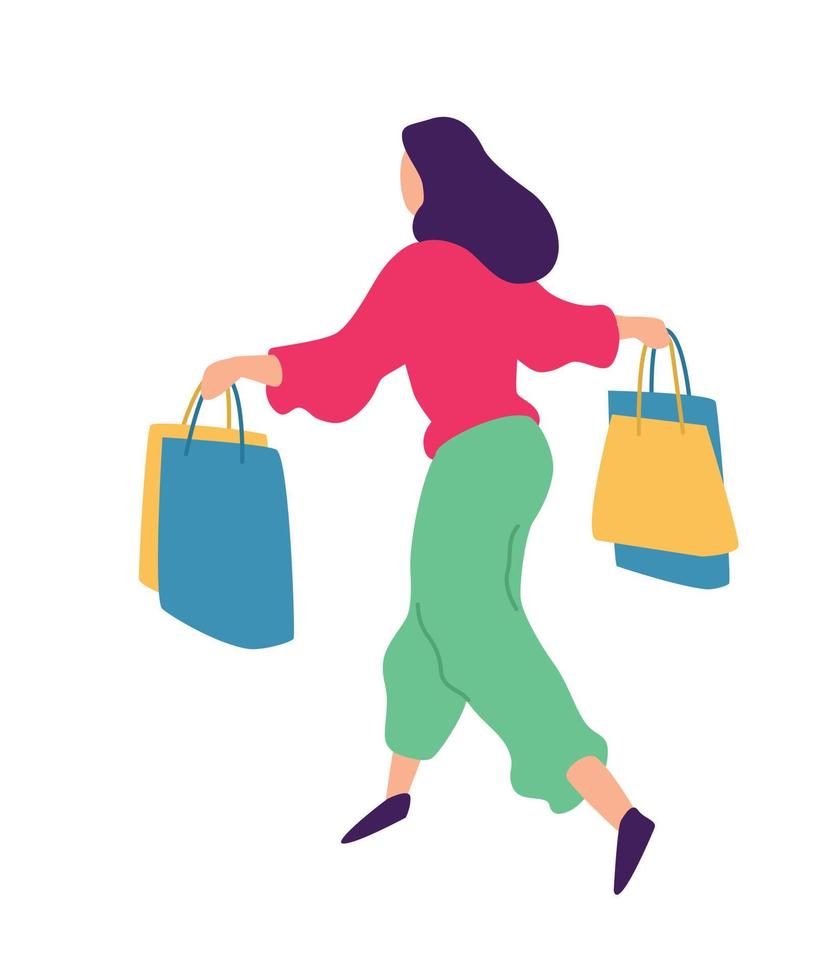 Ilustración de una niña con compras. vector. Ilustración plana positiva en estilo de dibujos animados. descuentos y rebajas. compras adictas a las compras. Ventas en línea. comprador de bienes. vector