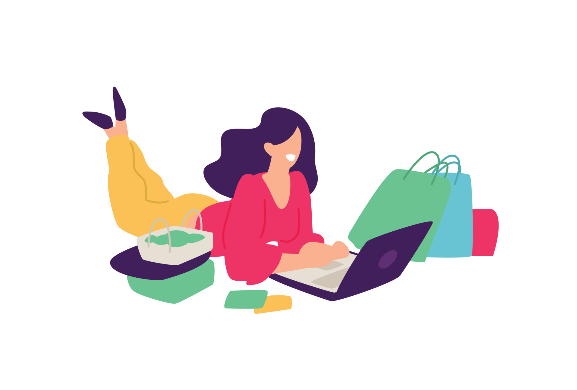 Illustration of a girl with shopping. Vector. Positive flat illustration in  cartoon style. Discounts and sales. Shopaholic shopping. Online sales.  Purchaser of goods. 4786663 Vector Art at Vecteezy