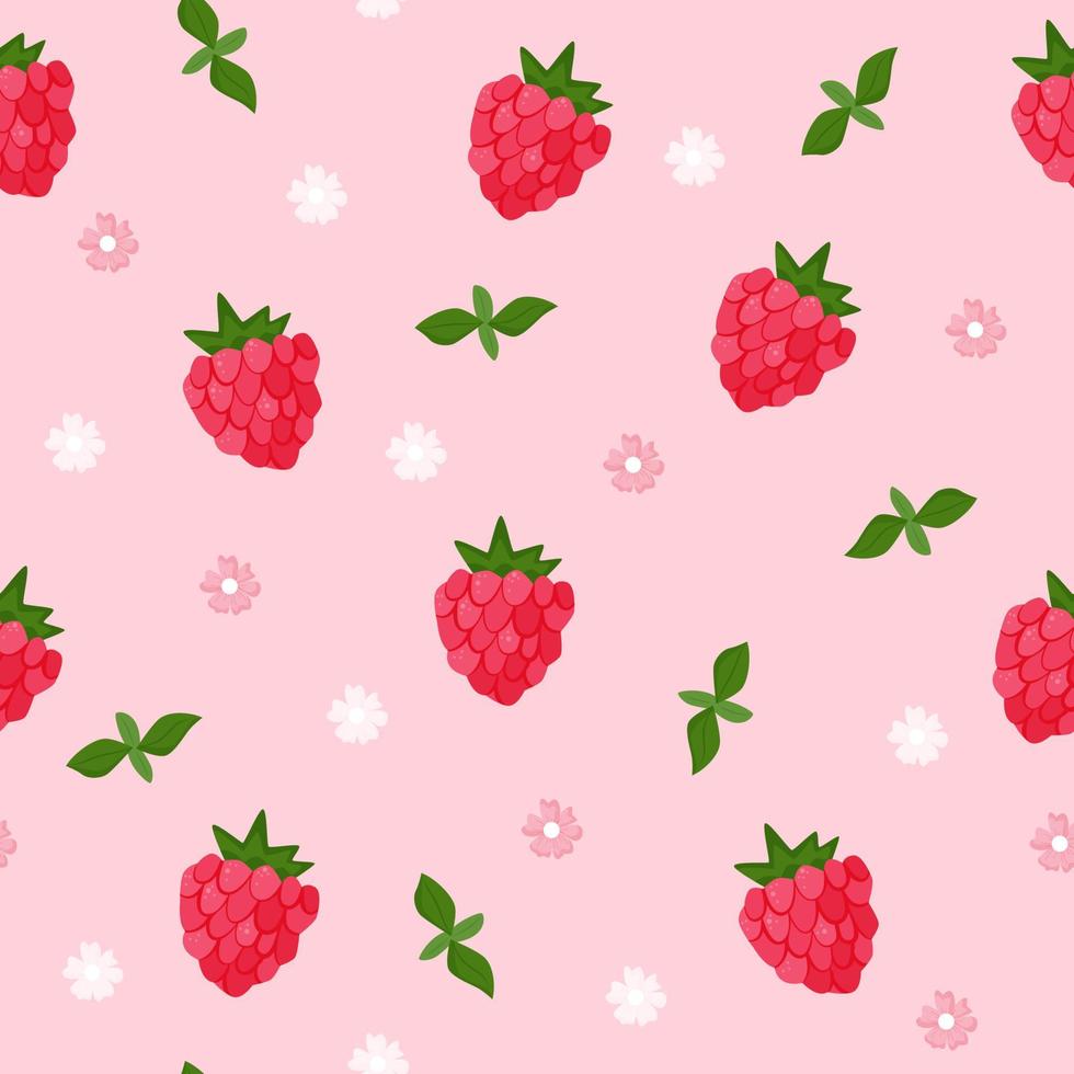 Seamless pattern of cartoon berries. Cute raspberry with leaves and flowers on pink background. Flat vector illustration.