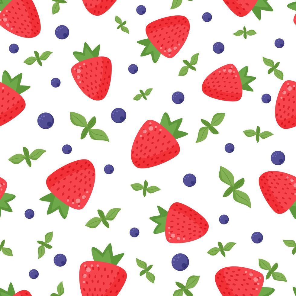 Seamless pattern of cartoon berries. Cute strawberry with leaves and blueberries on white background. Flat vector illustration.