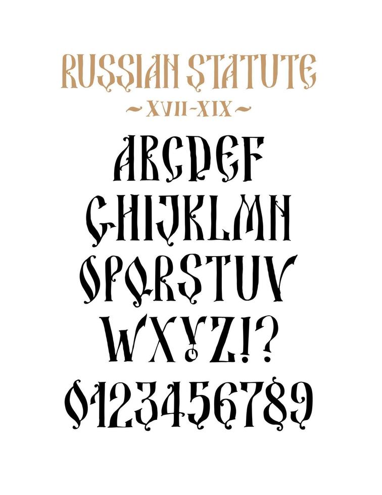 el alfabeto de la antigua fuente rusa. inscripción en ruso e inglés. estilo ruso del siglo 17-19. todas las letras están escritas a mano, arbitrariamente. estilizado bajo la carta griega o bizantina. vector