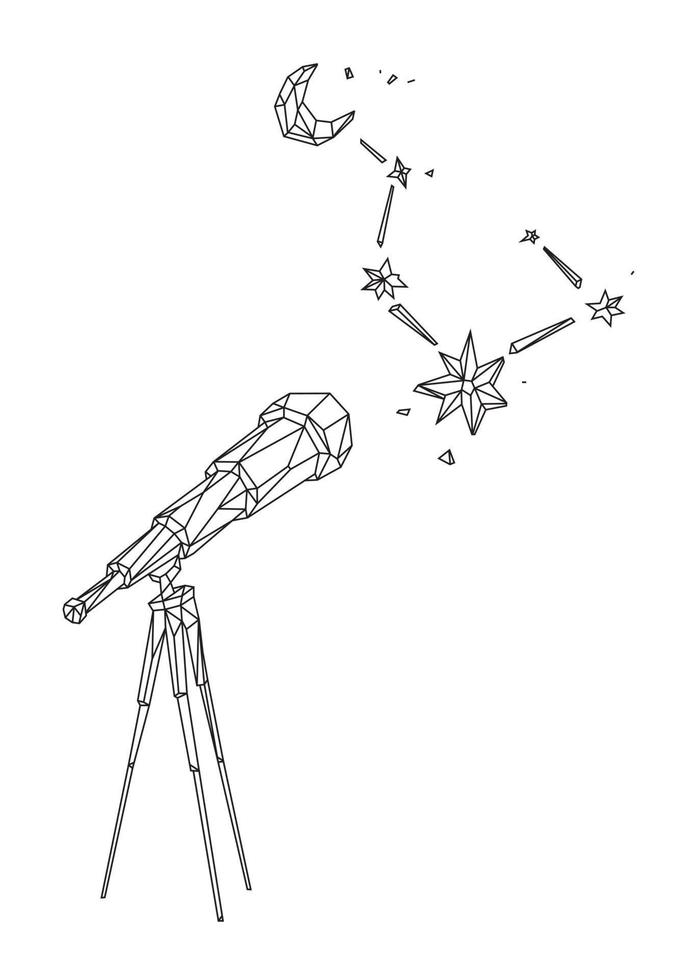 Low poly illustration of a telescope against a starry sky and the moon. Vector. Outline drawing. Retro style. Background, symbol, emblem for the interior. Business metaphor. vector