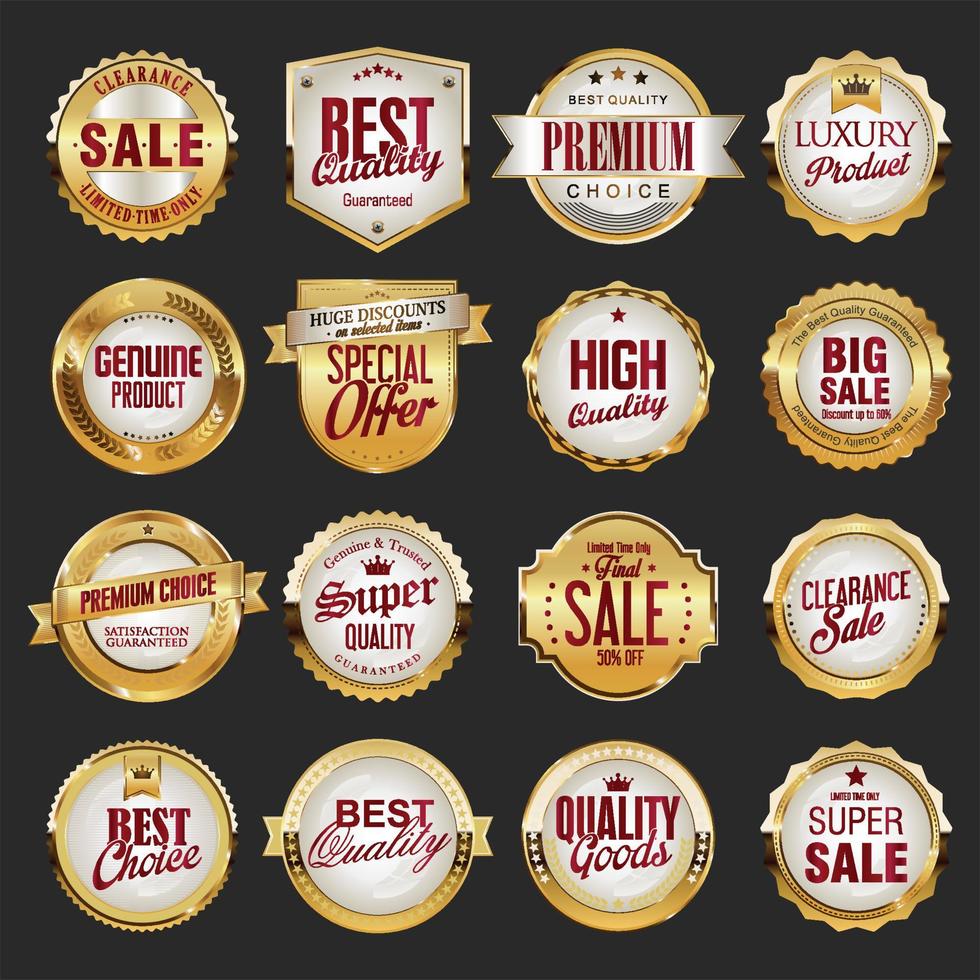 Colección de insignias y etiquetas de oro de venta premium de lujo. vector