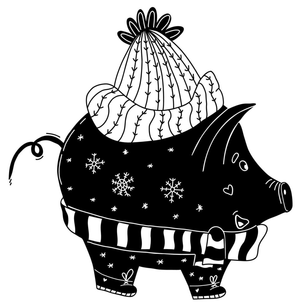 winter  Pig piggy bank. Vector illustration. Linear hand sketch