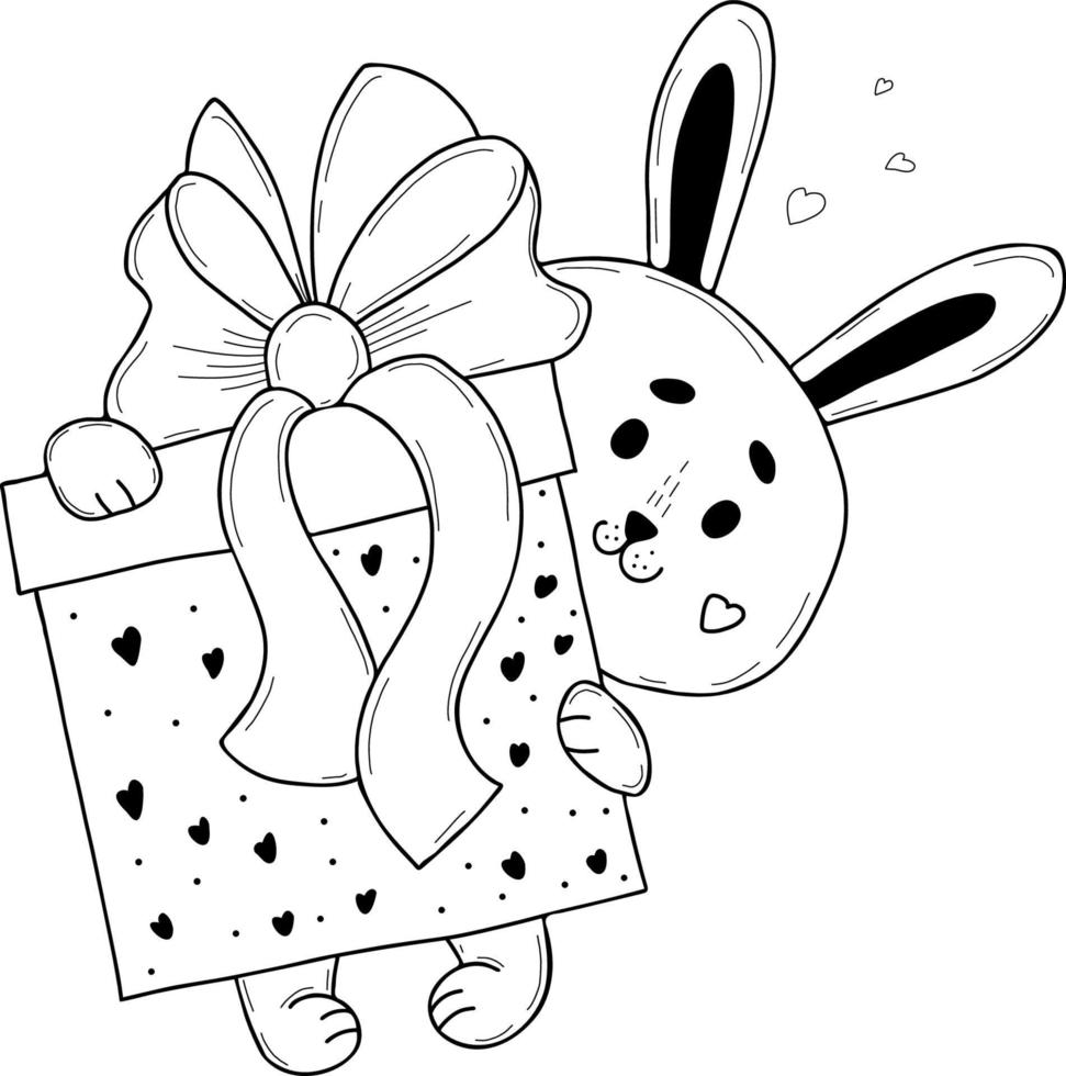 Cute rabbit with big gift. Vector illustration in hand drawn doodle style