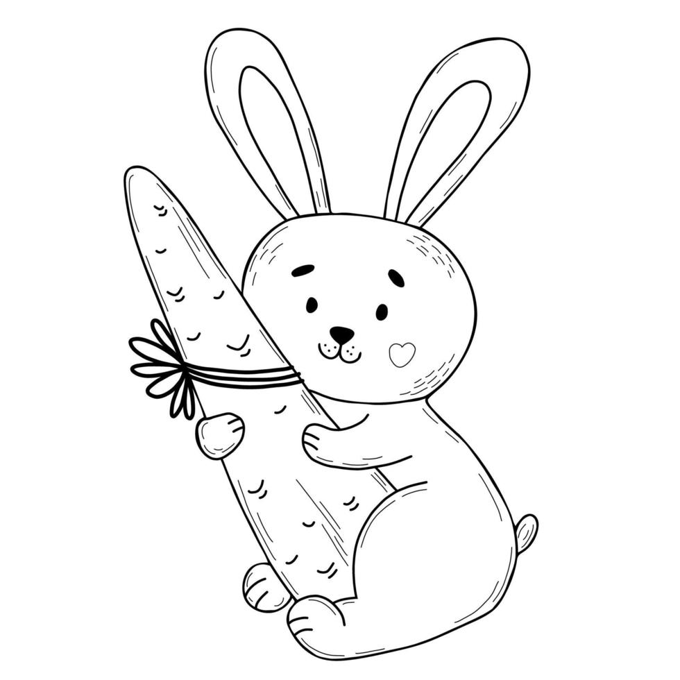 Cute bunny with big carrot. Vector illustration in hand drawn doodle style