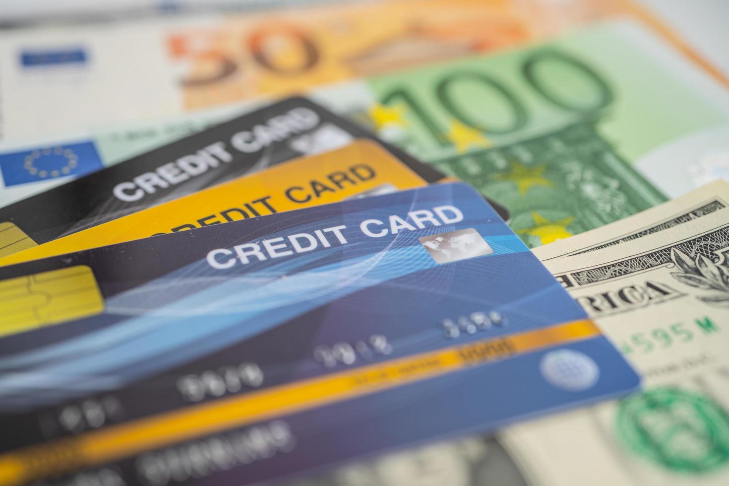 Credit card on EU banknotes. Finance development, Banking Account, Statistics, Investment Analytic research data economy, Stock exchange trading, Business company concept. photo