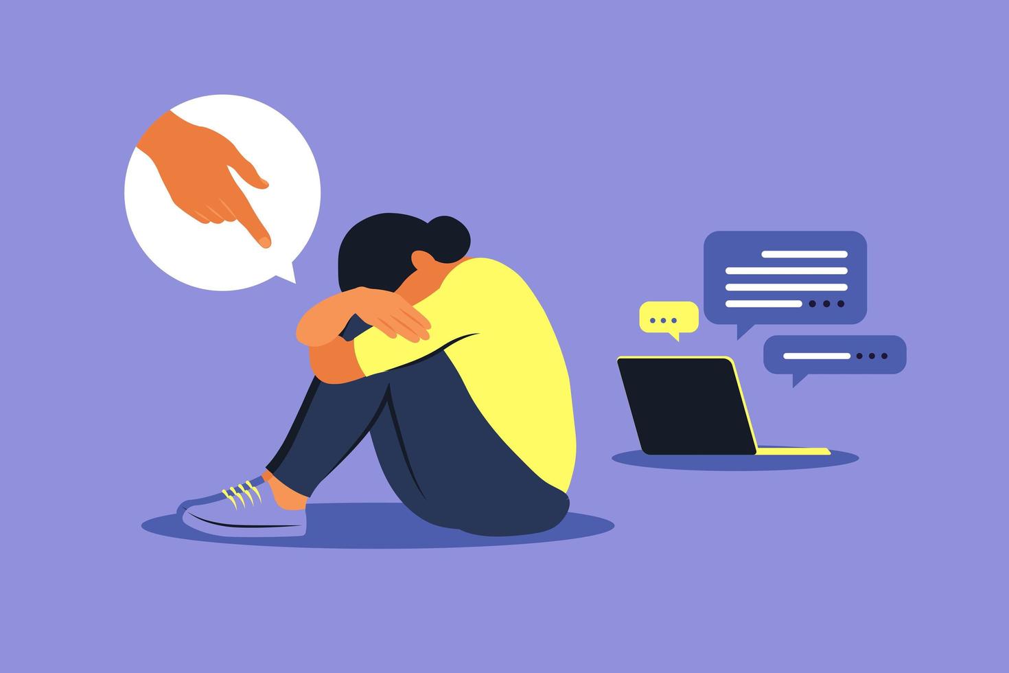 Cyber bullying concept. Depressed woman sitting on the floor. Opinion and the pressure of society. Shame. Vector flat