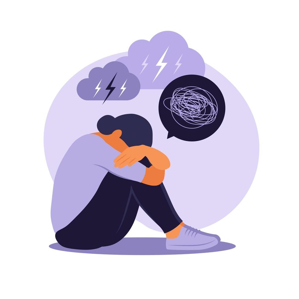 Woman in depression with bewildered thoughts in her mind. Young sad girl sitting in window and hugging her knees. Flat style vector