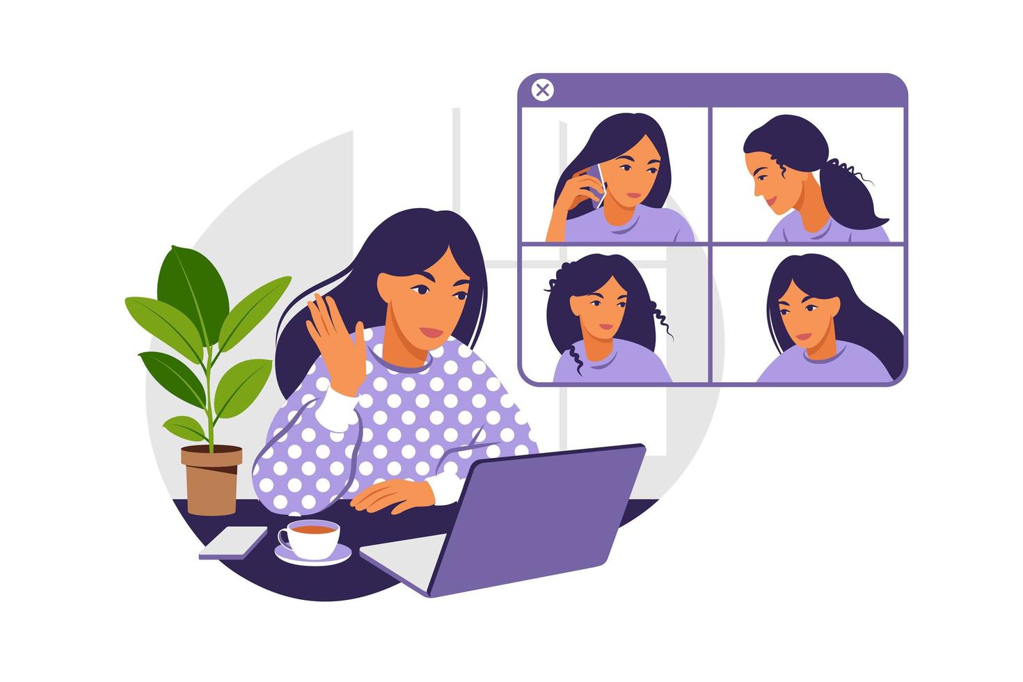 Girl at home or in the office at a desk with a laptop. Communication with the team via video online, urgent meeting, remote work, freelance. Vector flat illustration.