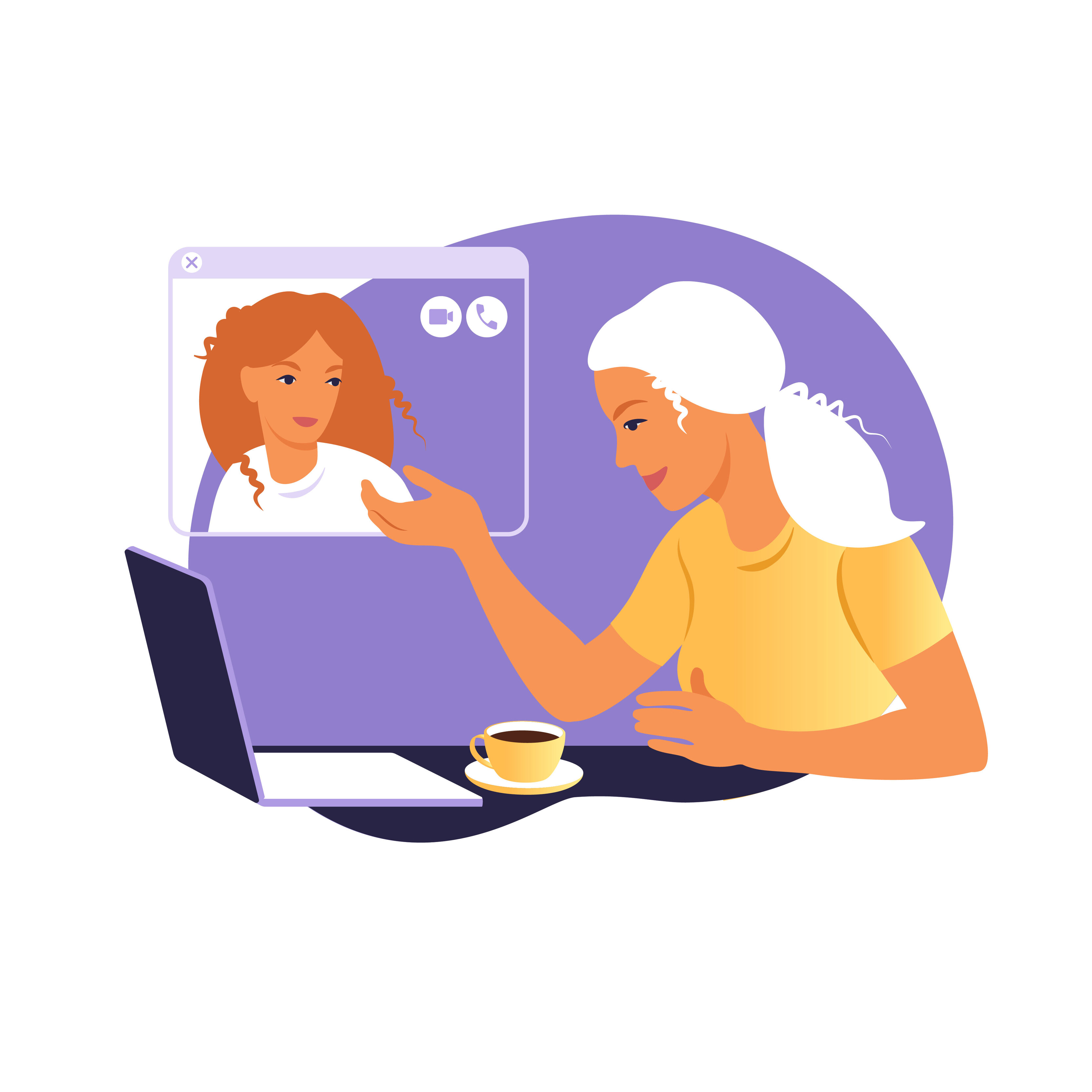 Girl friends chat online. Girl sitting in a chair in front of a laptop and  speaks with friend. Video conference, online chat concept. Working or online  meeting from home. Vector flat illustration.