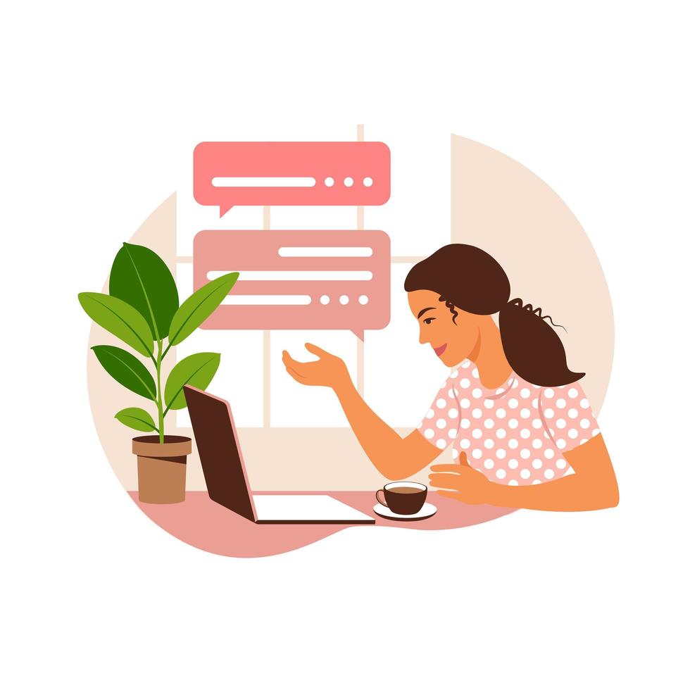 Freelancer girl working at home on laptop and drinking coffee. Cooperation in the field of online communications. Vector illustration. Flat.