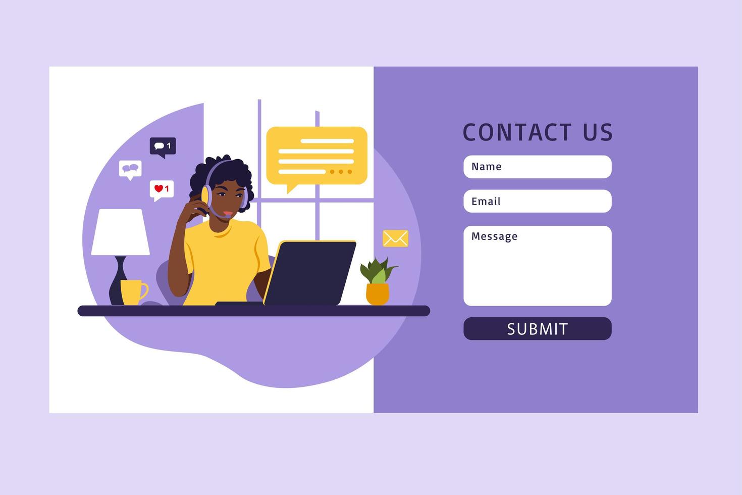 Contact us form template for web. African female customer service agent with headset talking with client. landing page. online customer support . Illustration. Vector. vector