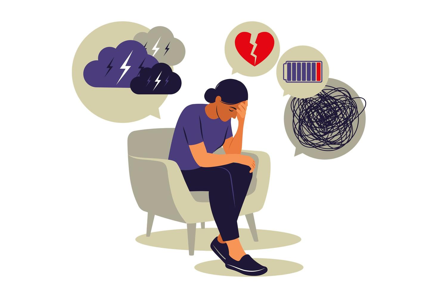 Depressed sad woman thinking over problems. Depression disorder. anxiety, Crisis, tears, exhaustion, loss, overworked, tired. Vector. Flat vector