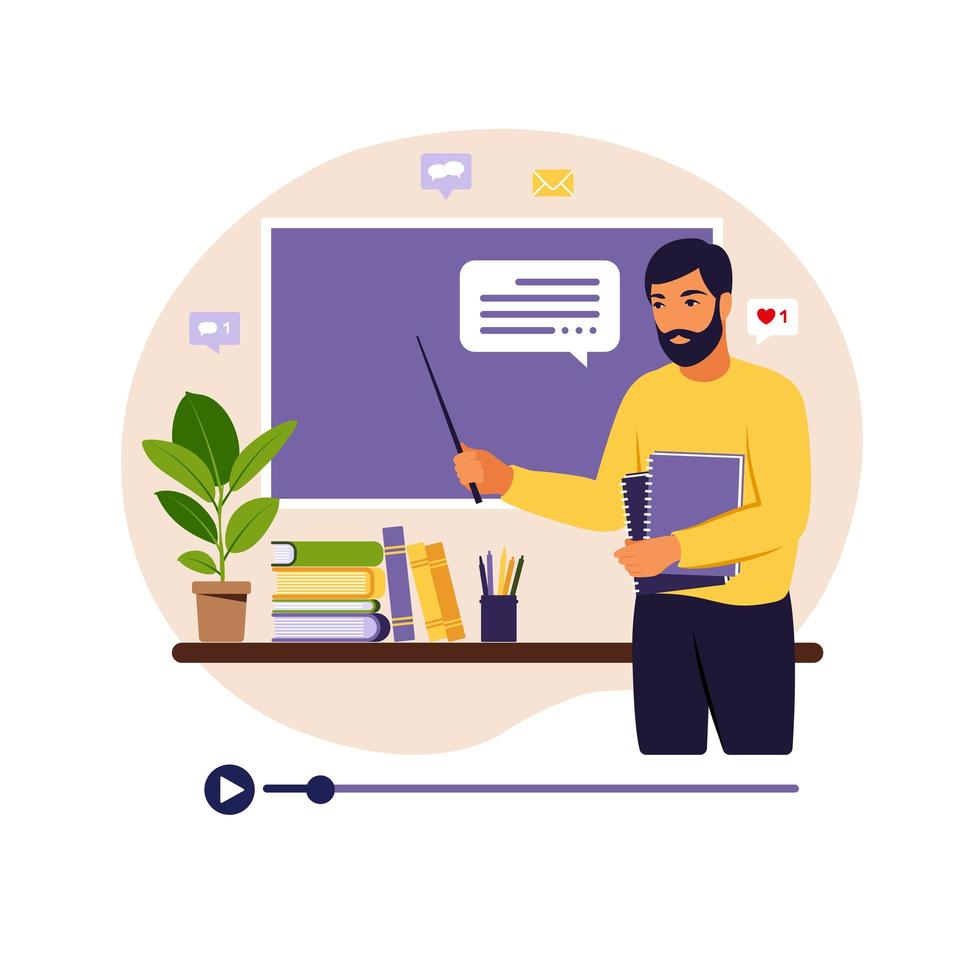 Online learning concept. Teacher at chalkboard, video lesson. Distance study at school. Vector illustration. Flat style.