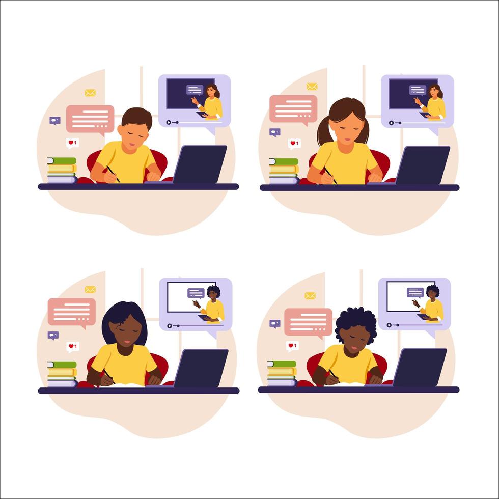 Online learning concept. Different kids sitting behind desk studying online using his computer. Vector illustration. Flat style.