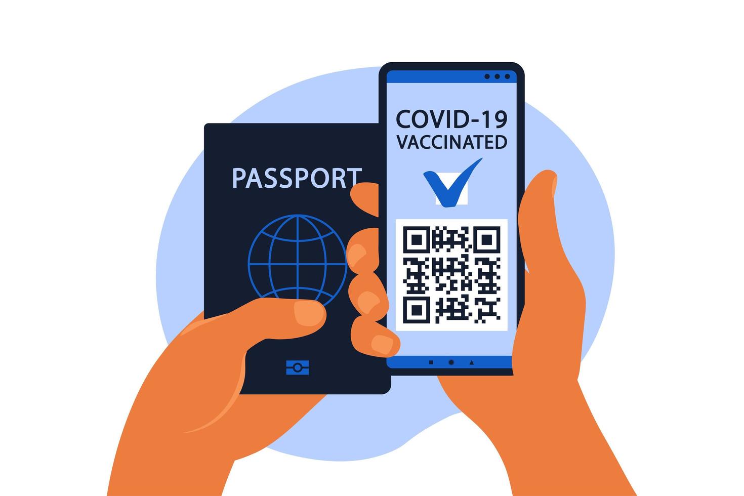 Electronic COVID-19 passport concept. The vaccinated person using QR code on mobile phone for safe travelling during the pandemic. Vector illustration. Flat.